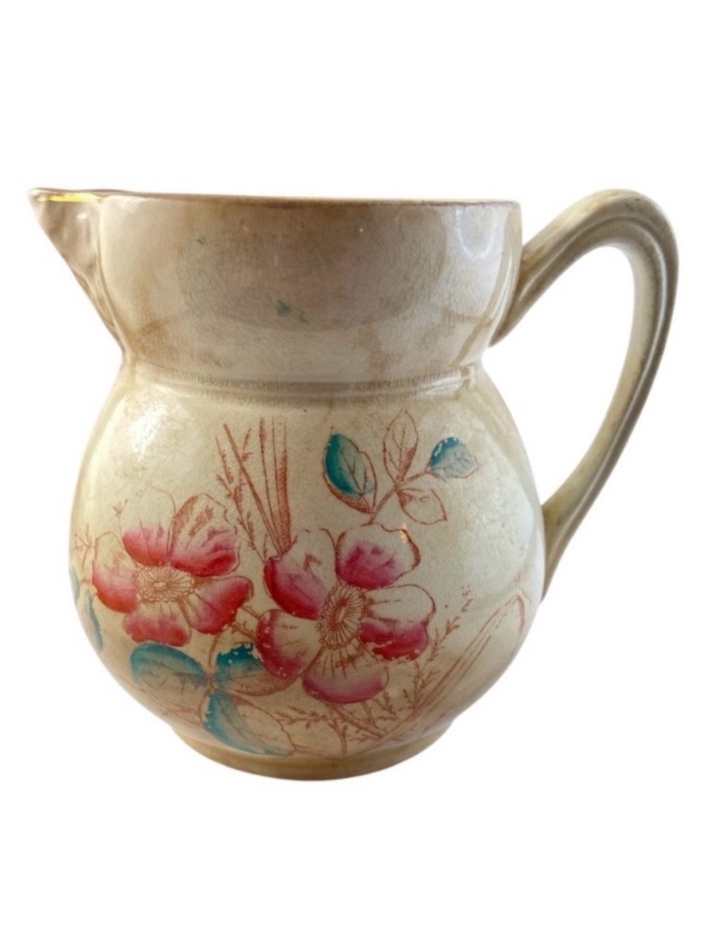 Antique SP Co. Ironstone Pitcher Cream & Beige With Pink English Roses 6.5”